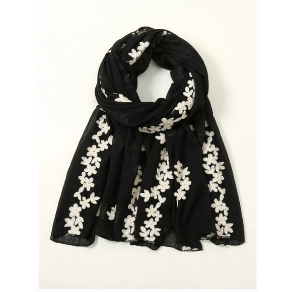 Accessories - Black Flower Knit Scarf